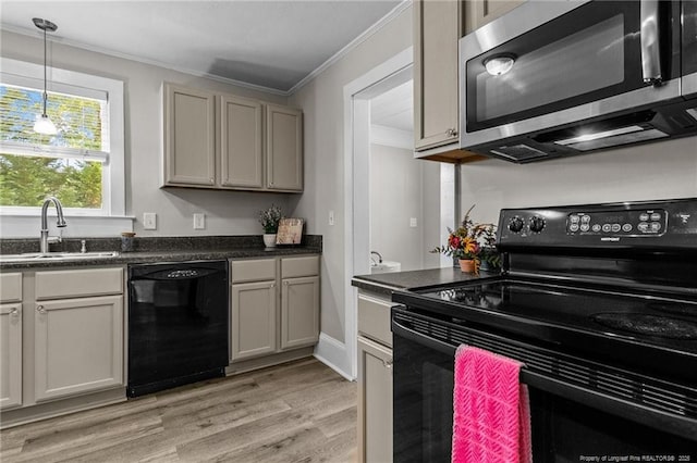 kitchen with gray cabinets, sink, ornamental molding, black appliances, and light wood-type flooring