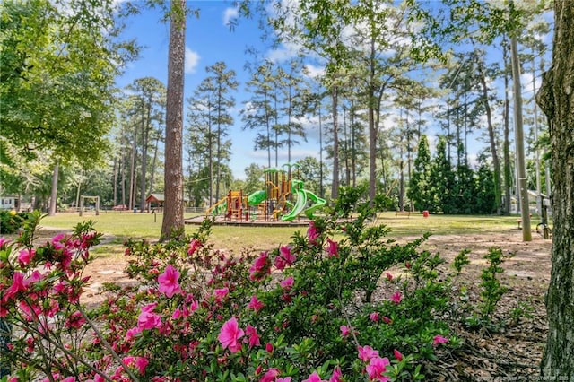 view of home's community with a lawn and a playground