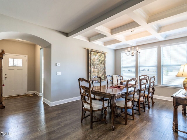 dining space featuring dark hardwood / wood-style flooring, coffered ceiling, a chandelier, and beamed ceiling