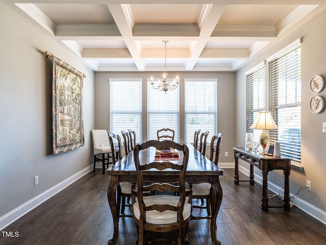 dining space with a chandelier, dark hardwood / wood-style flooring, ornamental molding, coffered ceiling, and beam ceiling