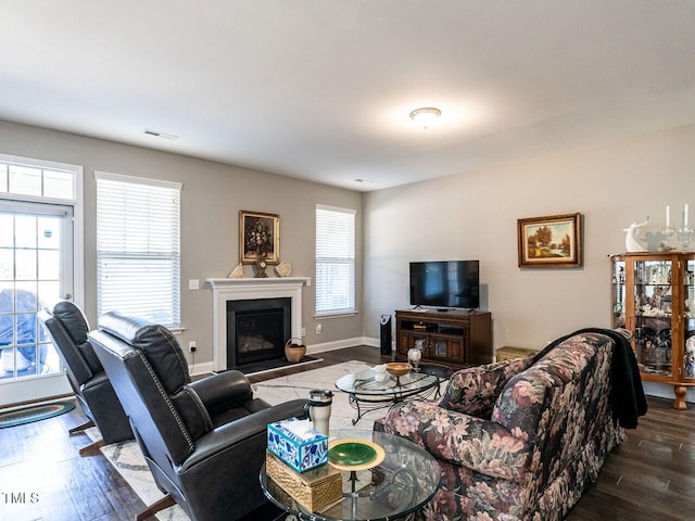 living room with dark wood-type flooring