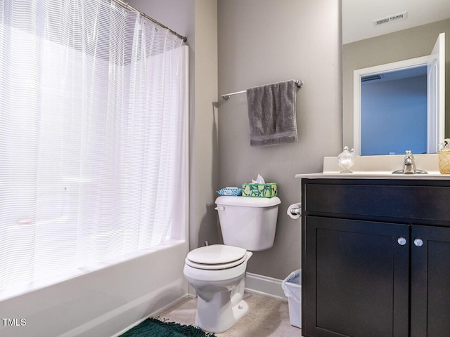 full bathroom with vanity, shower / bathtub combination with curtain, and toilet