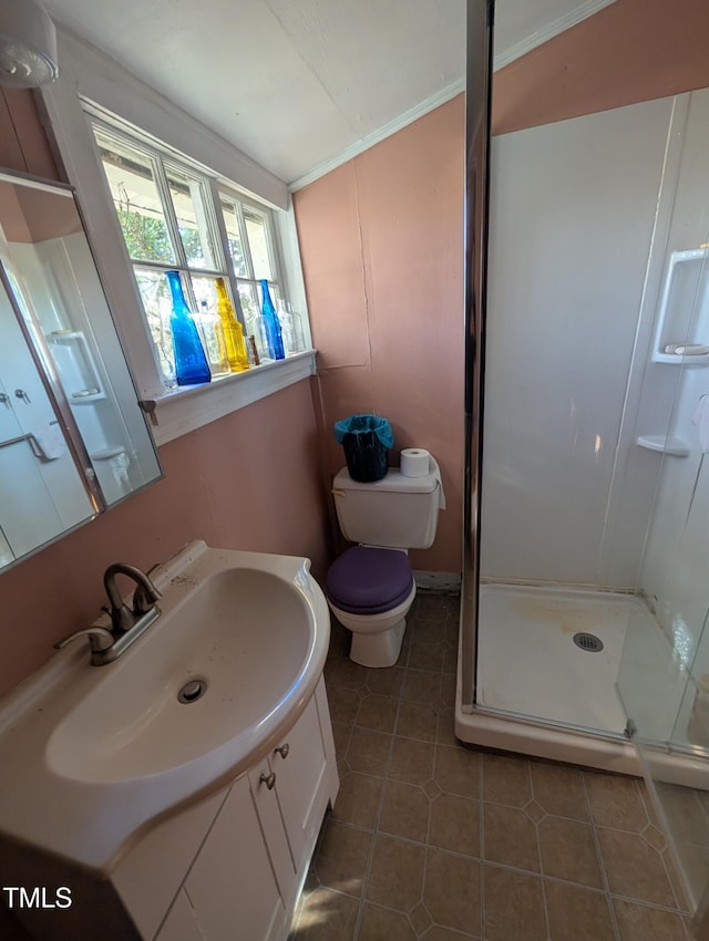 bathroom with tile patterned flooring, vanity, toilet, and walk in shower