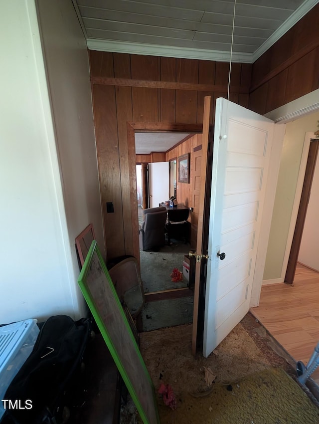 hall featuring crown molding and wood walls