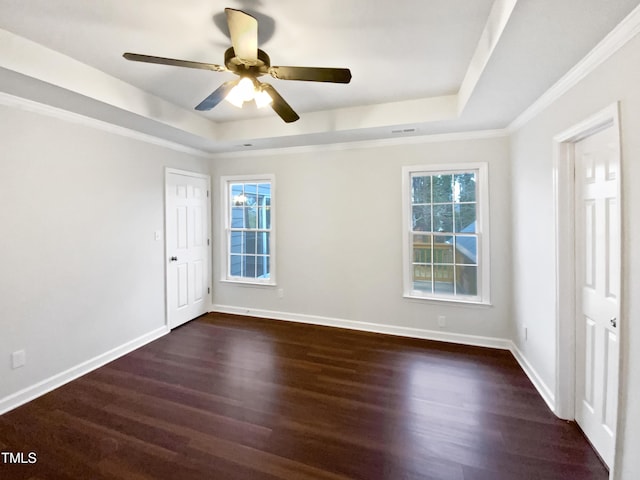 spare room with dark wood-type flooring, plenty of natural light, and a raised ceiling