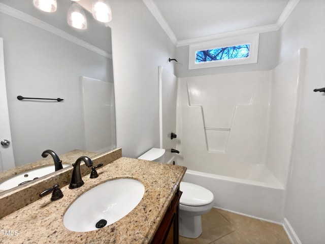 full bathroom with shower / tub combination, tile patterned flooring, vanity, ornamental molding, and toilet