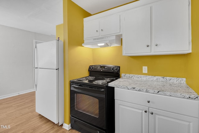 kitchen featuring light hardwood / wood-style floors, black range with electric cooktop, white fridge, and white cabinets