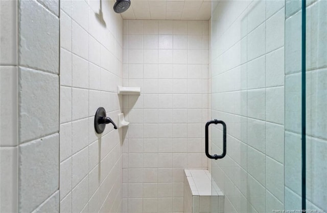 interior details with a shower with shower door