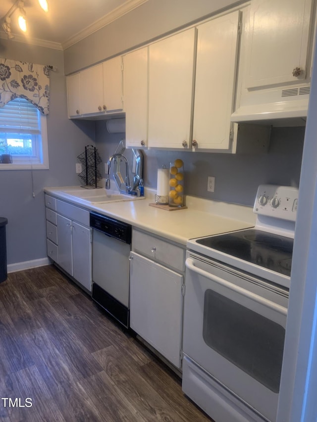 kitchen with white cabinetry, white appliances, ornamental molding, and dark hardwood / wood-style flooring