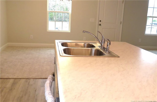 kitchen featuring light carpet and sink