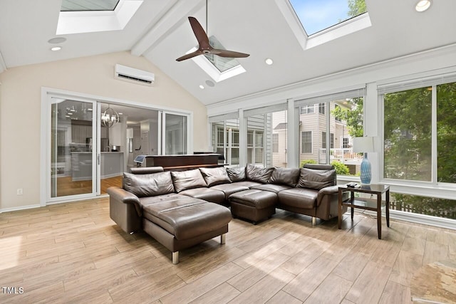 sunroom with lofted ceiling with skylight, ceiling fan, and a wall unit AC