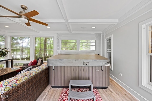 sunroom with coffered ceiling, a jacuzzi, and beamed ceiling