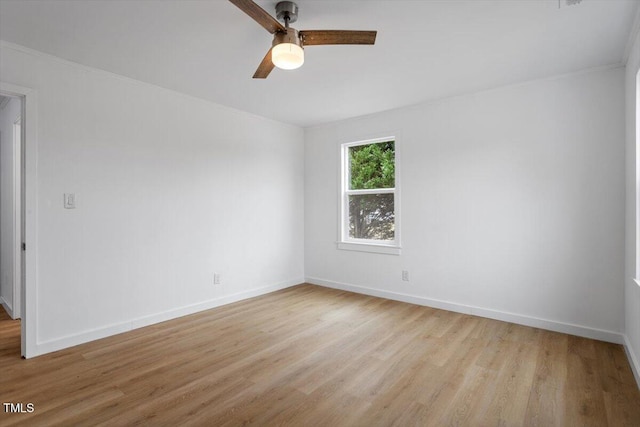 unfurnished room with ceiling fan and light wood-type flooring