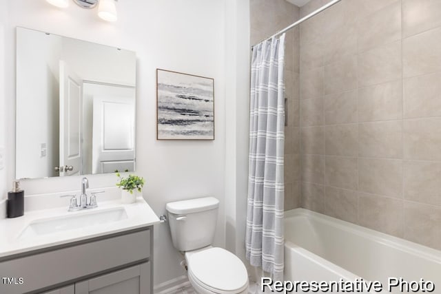 full bathroom with vanity, shower / bathtub combination with curtain, and toilet