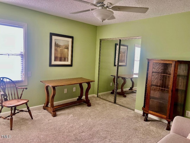 interior space with carpet floors, ceiling fan, and a textured ceiling