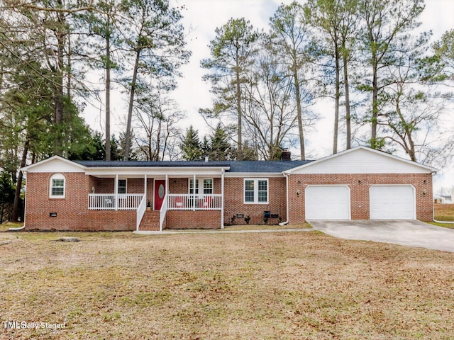 ranch-style home featuring crawl space, covered porch, an attached garage, and a chimney