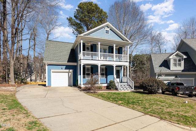 neoclassical / greek revival house with covered porch, a garage, a shingled roof, concrete driveway, and a front yard