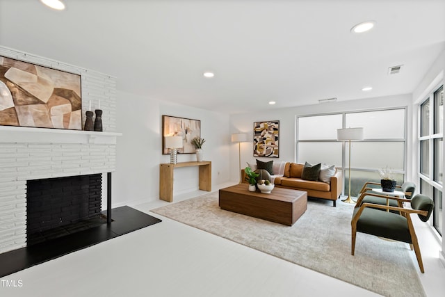 living room with a fireplace