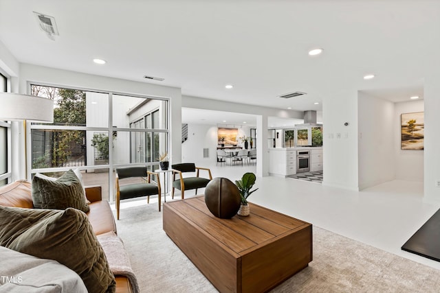 living room featuring light colored carpet