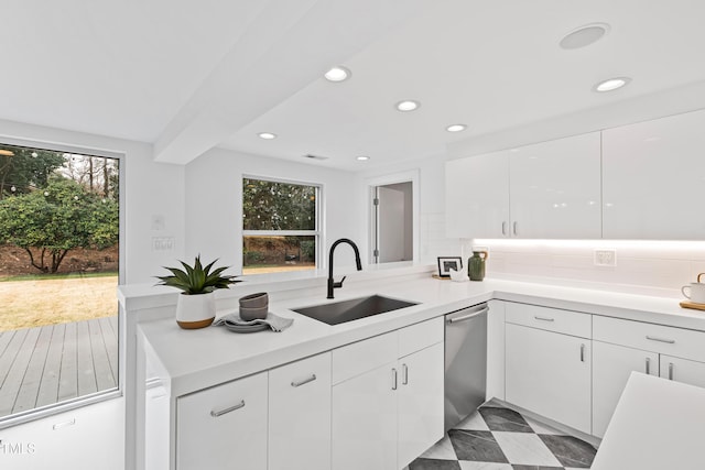 kitchen featuring sink, dishwasher, white cabinetry, backsplash, and kitchen peninsula