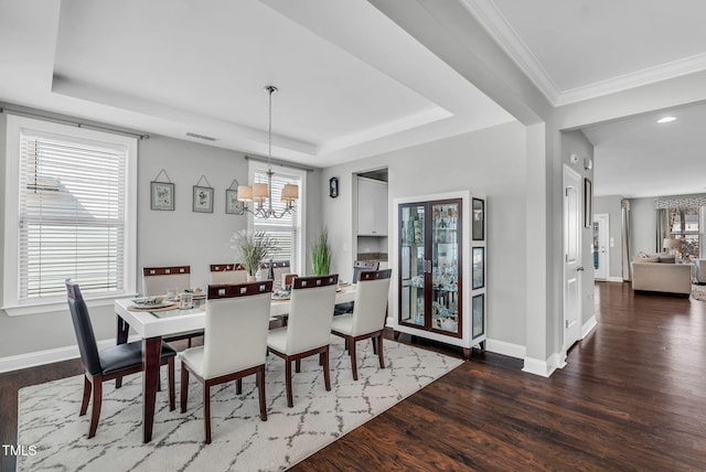 dining room with dark wood-style floors, a raised ceiling, and plenty of natural light