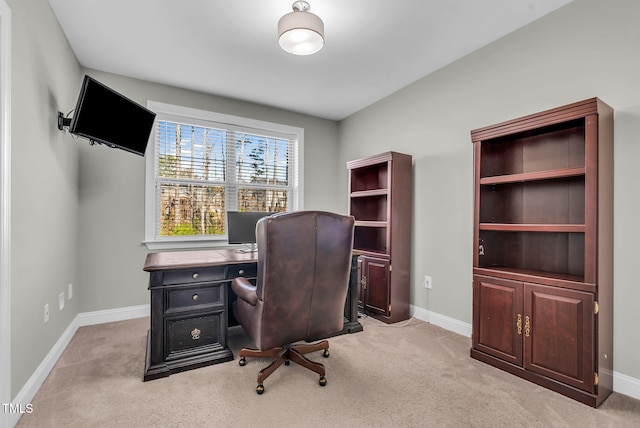 office space featuring light colored carpet and baseboards