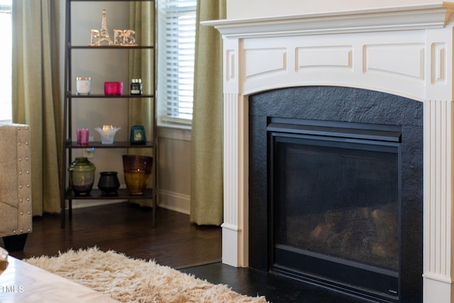 interior details with wood finished floors and a high end fireplace