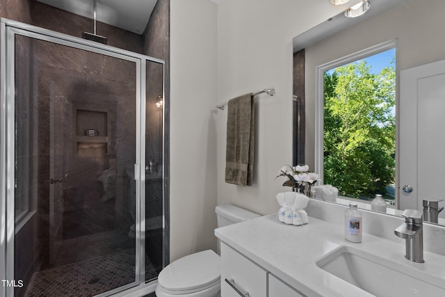 bathroom featuring vanity, toilet, and a shower with shower door