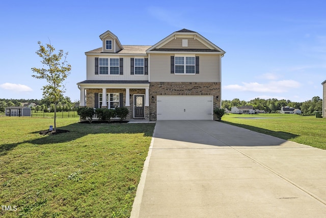 view of front facade with brick siding, driveway, an attached garage, and a front lawn