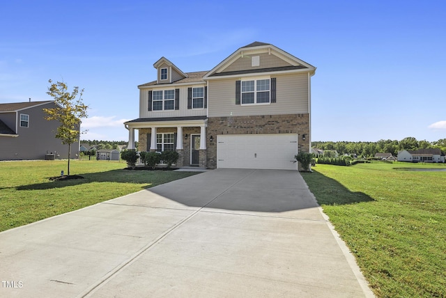 view of front of property with brick siding, an attached garage, concrete driveway, and a front yard