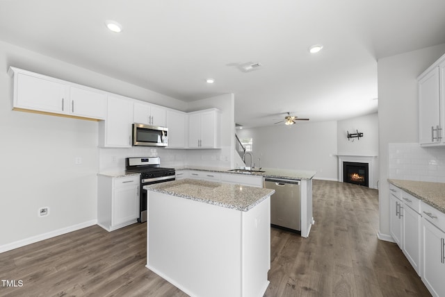 kitchen with a sink, open floor plan, a peninsula, stainless steel appliances, and dark wood-style flooring