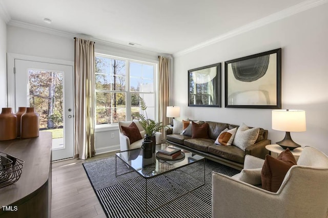 living room with ornamental molding and light hardwood / wood-style flooring