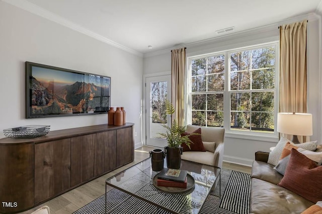 living room featuring crown molding, light wood-type flooring, and a wealth of natural light