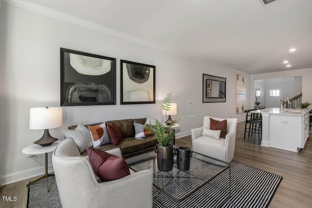 living room featuring hardwood / wood-style flooring, ornamental molding, and sink