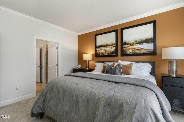 bedroom featuring crown molding and light colored carpet