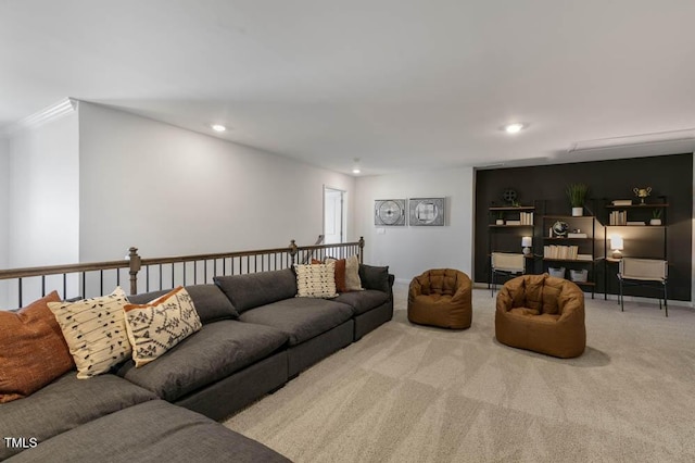 living room with light colored carpet