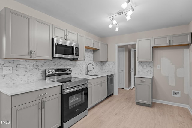 kitchen with appliances with stainless steel finishes, light countertops, a sink, and gray cabinetry