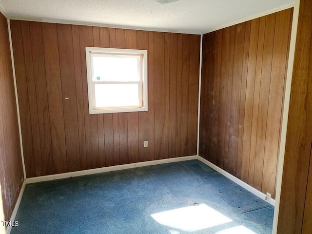 empty room featuring carpet floors and wood walls