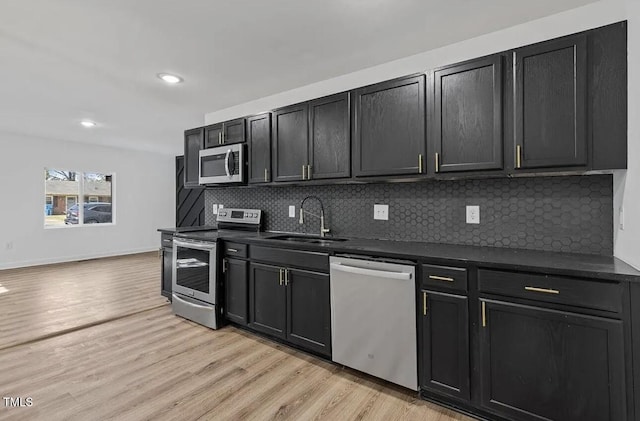 kitchen featuring stainless steel appliances, sink, backsplash, and light wood-type flooring