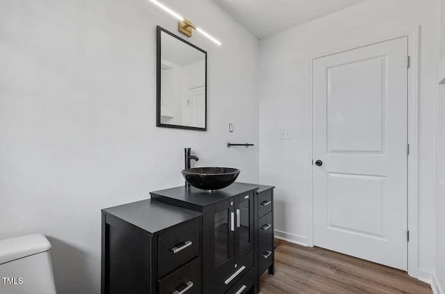 bathroom featuring vanity, wood-type flooring, and toilet