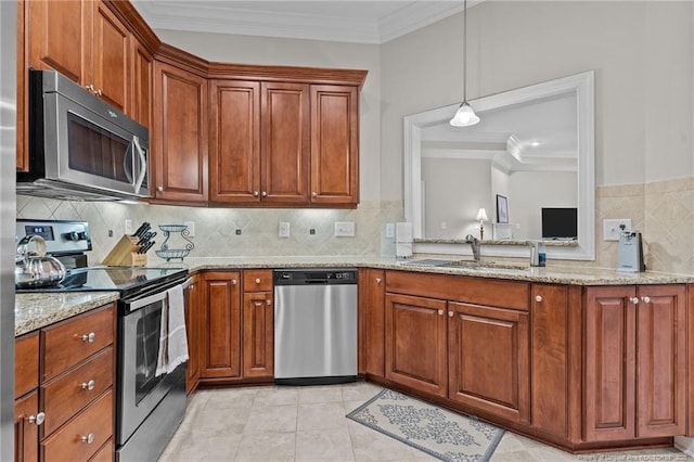 kitchen featuring sink, light tile patterned floors, crown molding, stainless steel appliances, and light stone counters