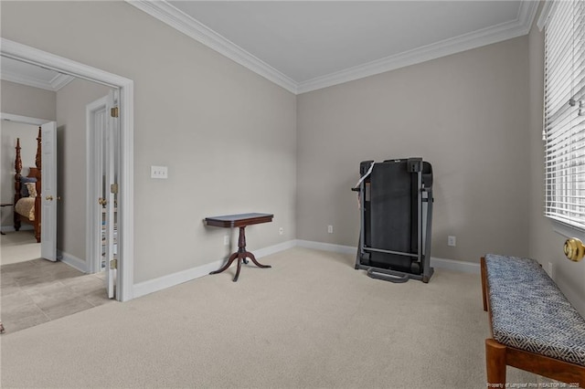 exercise area with light carpet and crown molding