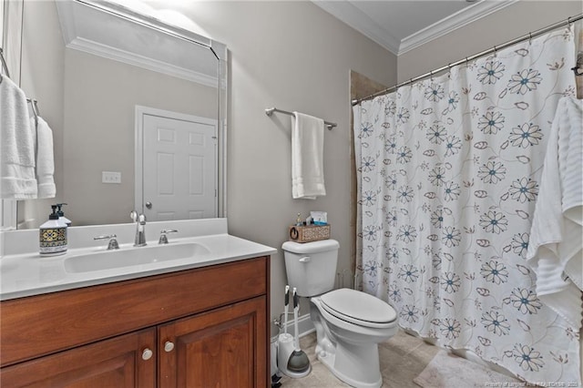 bathroom featuring toilet, crown molding, vanity, a shower with shower curtain, and tile patterned flooring