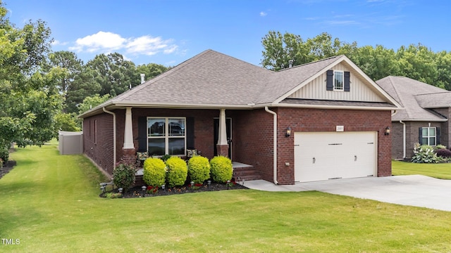 2001 Bunnfield Dr, Zebulon, NC 27597 - craftsman-style home with a garage, concrete driveway, a front yard, board and batten siding, and brick siding