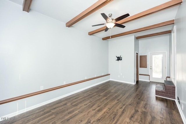 empty room featuring ceiling fan, dark wood-type flooring, and beamed ceiling