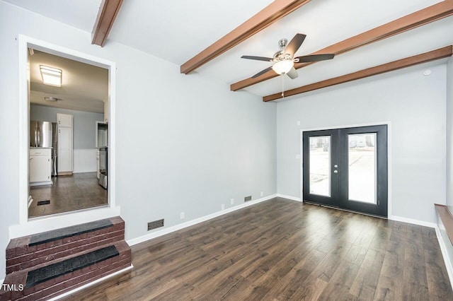 unfurnished living room featuring ceiling fan, dark hardwood / wood-style floors, beam ceiling, and french doors