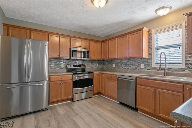 kitchen with sink, backsplash, light hardwood / wood-style flooring, and appliances with stainless steel finishes