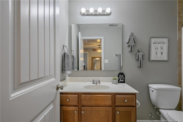 bathroom with vanity, ceiling fan, and toilet