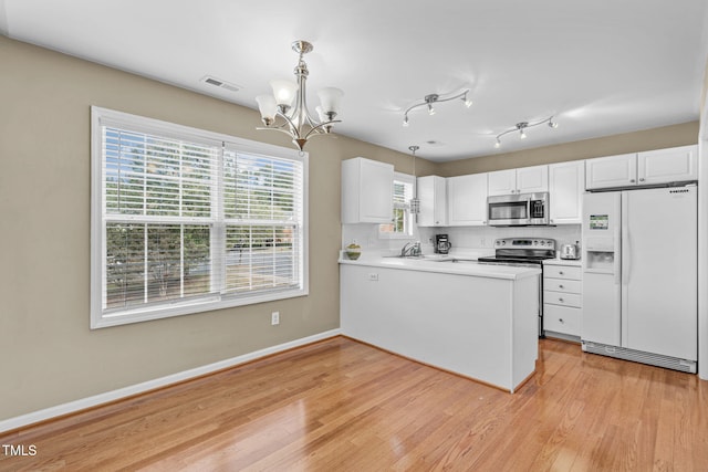 kitchen featuring white cabinetry, hanging light fixtures, kitchen peninsula, and appliances with stainless steel finishes