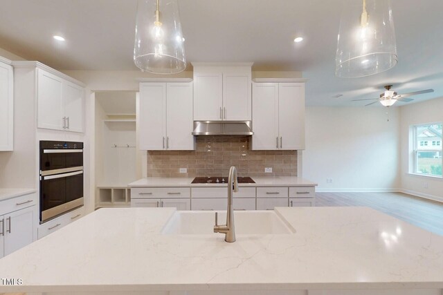 7117 Hubner Pl Unit 22, Cary, NC 27519 - kitchen featuring double oven, decorative backsplash, under cabinet range hood, white cabinetry, and a kitchen island with sink